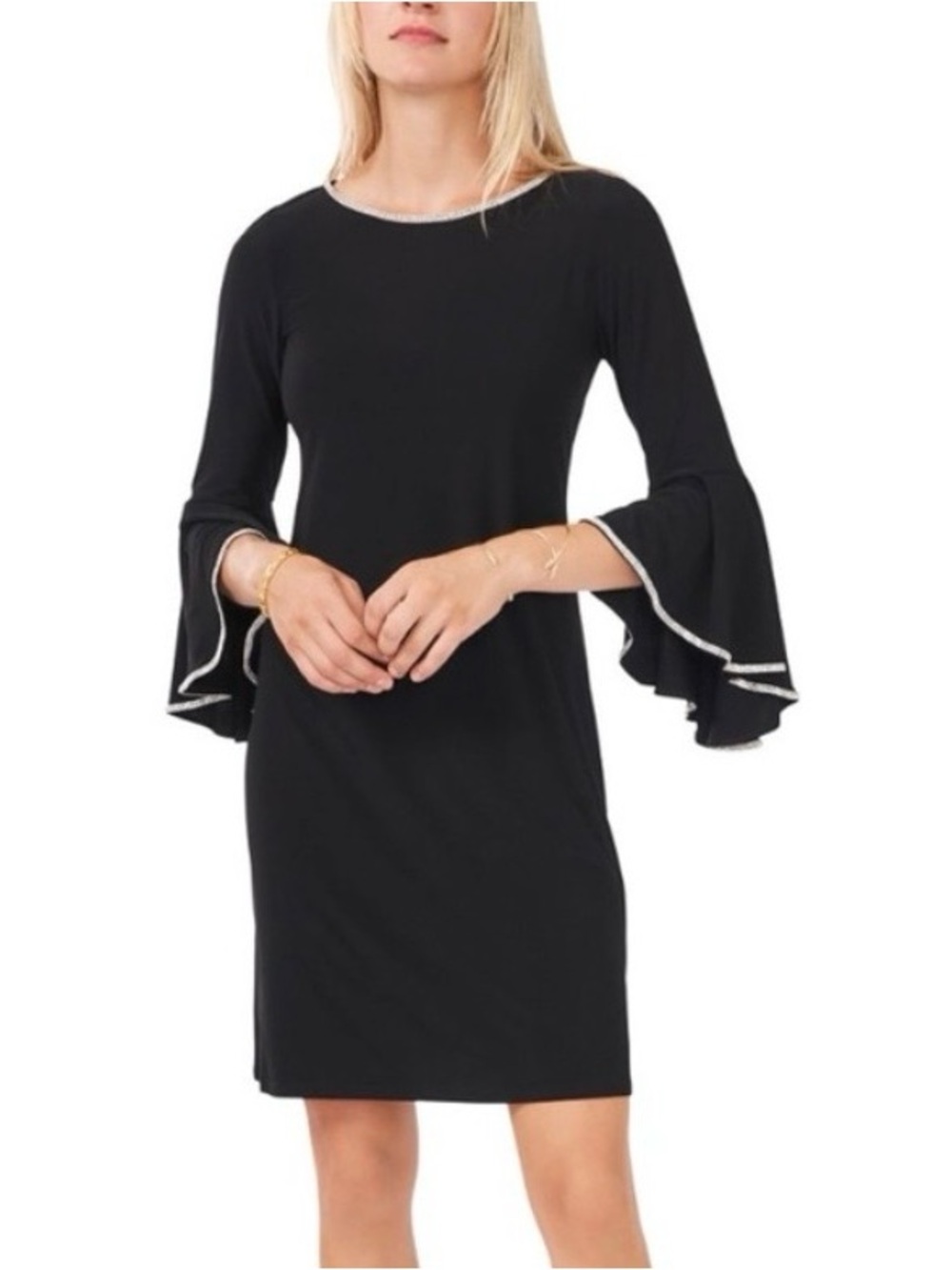 MSK Black Rhinestone-Trim Bell-Sleeve Dress